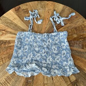 American Eagle Outfitters Blue and White Smocked Tie-Strap Top